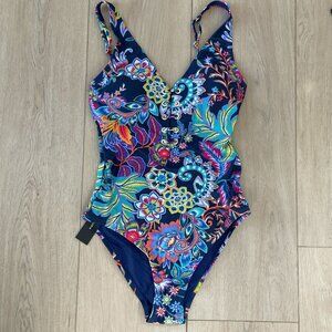 NEW $108 BCBGMAXAZRIA Womens Small One Piece Swimsuit Midnight Floral Lace Up